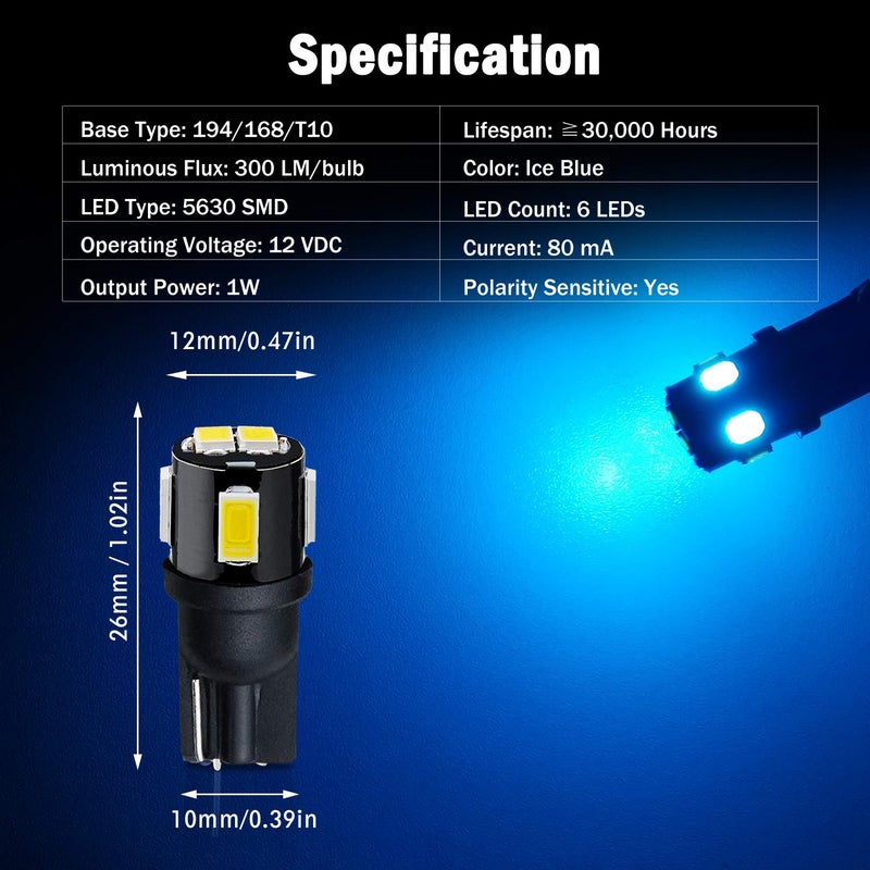 BRISHINE 194 LED Bulbs Extremely Bright Ice Blue 5630 Chipsets 168 2825 175 T10 W5W LED Replacement Bulbs for Car Interior Dome Map Door Courtesy Trunk License Plate Lights(Pack of 10) - Image 2